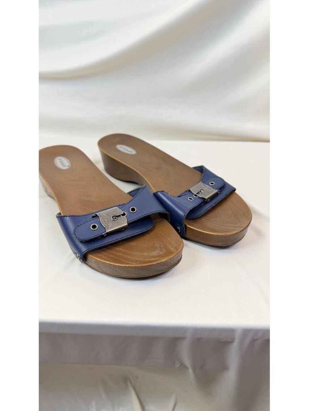 Dr. Scholl's Women's Slide Sandals Size 7 Clog Navy Faux Wood Bottom Retro